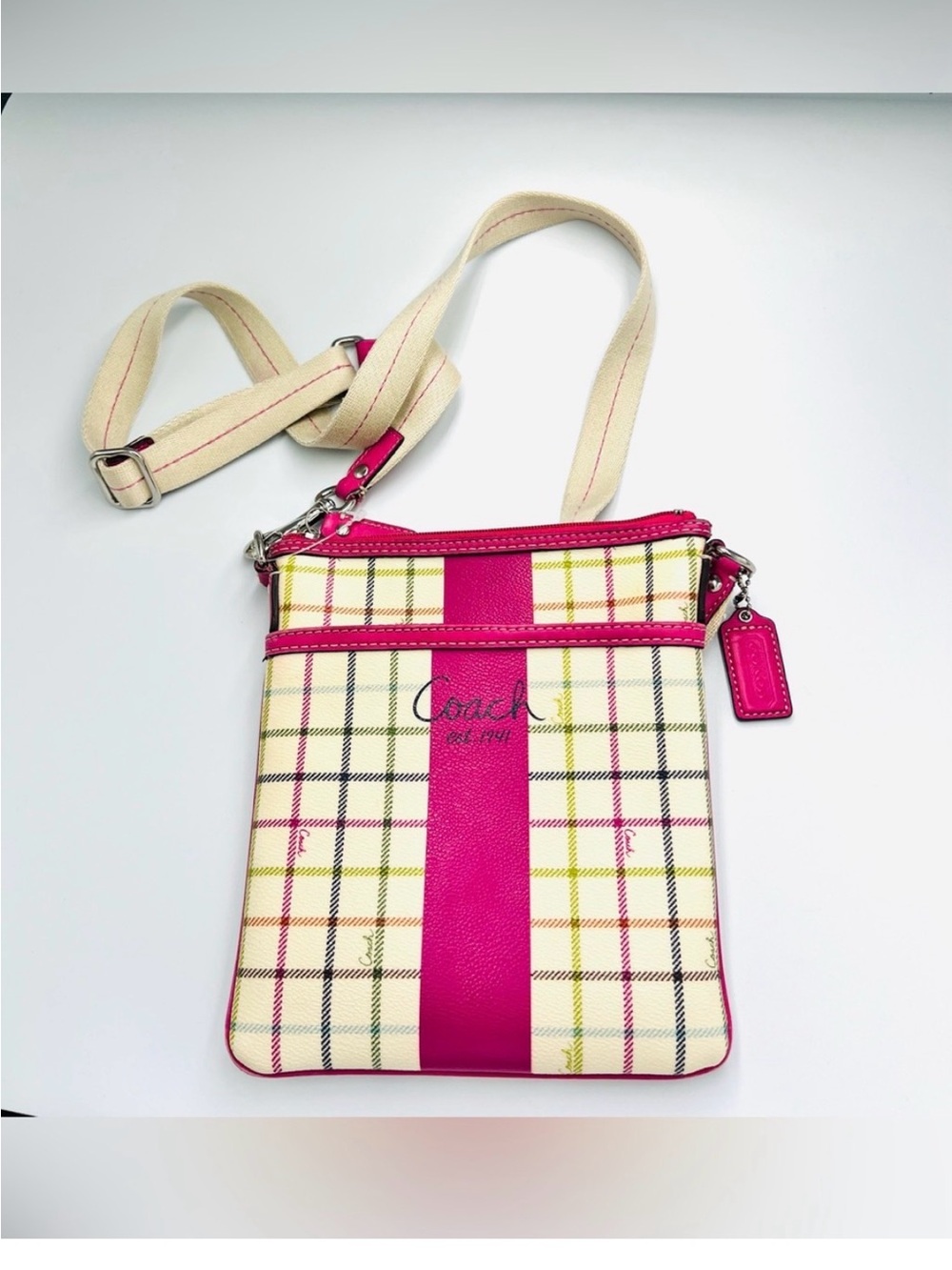 Coach Pink Stripe Plaid Crossbody Pouch